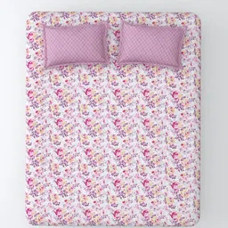 Salona Bichona Pink & White Floral 180 TC King Bedsheet with 2 Pillow Covers image 2