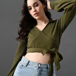 DressBerry Women Ribbed Shirt Collar Wrap Crop Top image 3
