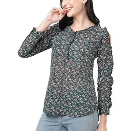 G0-4 IT Women Floral Printed Cold-Shoulder Ruffles Georgette Top image 4