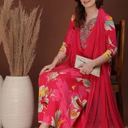 KALINI Floral Printed A-Line Mirror Work Kurta With Trouser & Dupatta image 5