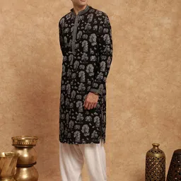 Men's Heritage Thread Work Black Embroidered Kurta Set In Silk by Souragya image 4