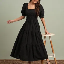 Globus Women Black Square Neck Puff Sleeves Solid Tiered Fit & Flare Maxi Resort Dress-picture-40