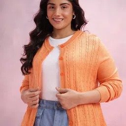DressBerry Curve Plus Size Cable Knit Self Design Cardigan-image-98