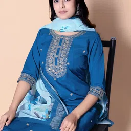 Ethnic 3 You Women Floral Embroidered Regular Sequinned Pure Cotton Kurta with Trousers & With Dupatta image 5