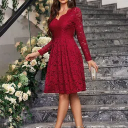 KPOP Women Embroidered Long Sleeves Fit & Flare Dress-image-1
