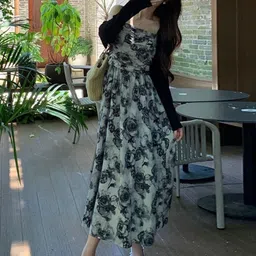KPOP Women Floral Printed Fit and Flare Midi Dress-image-44
