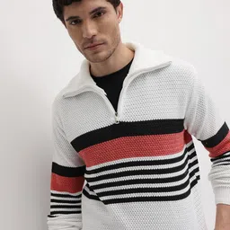 The Roadster Life Co. Horizontally Self-Striped Woolen Shirt Collar Half-Zipper Pullover-image-49