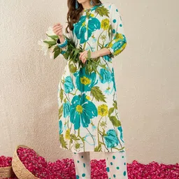 Indo Era Women Floral Printed Regular Pure Cotton Kurta with Trousers-image-76