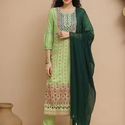 Tulsattva Women Floral Printed Regular Thread Work Kurta with Trousers & With Dupatta-picture-12