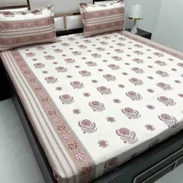 Pure Decor White & Pink Floral Queen Bedsheet with 2 Pillow Covers image 1