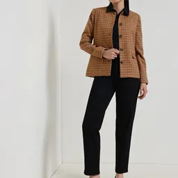 FableStreet Women Checked Tailored Jacket with Embroidered image 4
