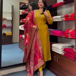 GoSriKi Floral Embroidered Straight Sequinned Kurta With Trousers And Dupatta image 4