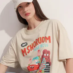 Women Printed Round Neck Cotton Blend Beige T-Shirt-image-45