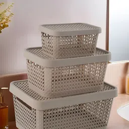 Aura Beige 3 Pieces Stackable Tote Basket Organisers-picture-11