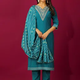 JDS LIFESTYLE Women Floral Embroidered Regular Thread Work Kurta with Trousers & With Dupatta-picture-20