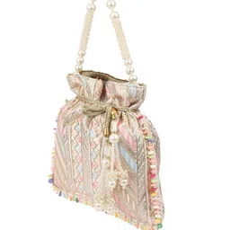 ODETTE Embellished Silk Embroidered Golden And Pastel Threads Potli Clutch image 2
