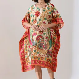 PIAAH Floral Print Kimono Sleeve Kaftan Midi Dress-picture-43