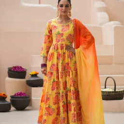 Rain & Rainbow Floral Printed Sequinned Pure Cotton Anarkali Kurta with Trousers & Dupatta-picture-32
