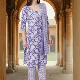FASHOR Women Floral Print Regular Pure Cotton Kurta with Trousers & With Dupatta image 5