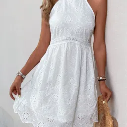 KPOP Floral Embroidered Halter Neck A-Line Dress image 3