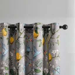 BFAM Grey & Yellow Floral Thermal Insulated 2 Pieces Door Black Out Eyelet Curtains image 2
