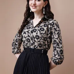 STARWORD Women Floral Printed Accordion Pleats Belted Detail Fit & Flare Dress image 2