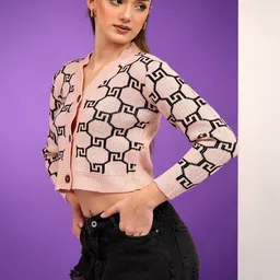 NOWI Women Printed Woollen Crop Cardigan image 3