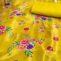 kalini Mustard Chinon Silk Floral Printed With Hand Work Unstitched Dress Material image 4
