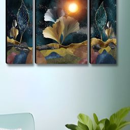 Aura Black & Gold-Toned 3 Pieces Leaf & Moon Floral And Botanical Wooden Wall Arts-picture-43