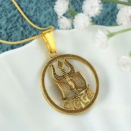 ADMIER Unisex Gold-Plated Trishul Damru Rudra Mahadev Shiva Circular Pendant & Chain-picture-39