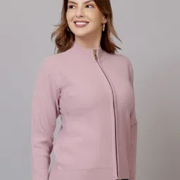 FEVERFEW Women Striped Woollen Cardigan with Zip Detail Detail image 3