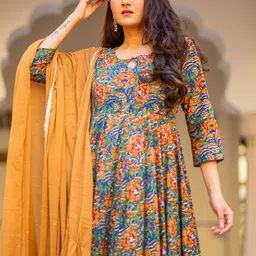 DIVASTRI Ethnic Motifs Printed Keyhole Neck Anarkali Kurta With Trouser & Dupatta image 3