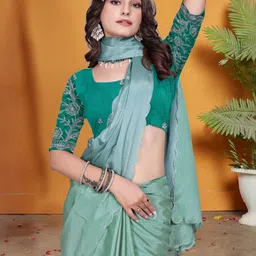 Zenophily Women Scallop Border Pure Chiffon Saree With Unstitched Blouse Piece image 4