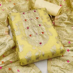 SAINOOR Floral Woven Design Beads And Stones Banarasi Semi-Stitched Dress Material-picture-20