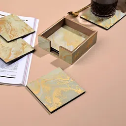 Storepedia 6 Pieces Green & Gold-Toned Printed Square Wooden Coasters With Stand-image-9