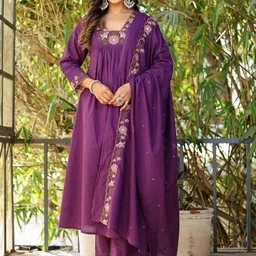 SWEETPEL Embroidered Angrakha Thread Work Kurta With Trousers & Dupatta image 2