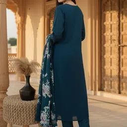 FIDHARA Women Floral Printed Silk Kurta with Trousers & Dupatta image 4