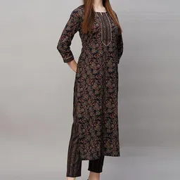 SZN Floral Printed Notch Neck Straight Kurta With Trousers-image-3