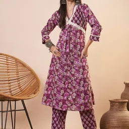 FASHOR Women Ethnic Motifs Printed Regular Mirror Work Pure Cotton Kurta with Trousers-picture-32