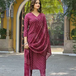 KALINI Floral Printed V-Neck Straight Kurta With Trousers & Dupatta-picture-35