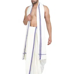 Exotic India Men Pure Cotton Plain Dhoti and Angavastram Set with Striped Border image 4