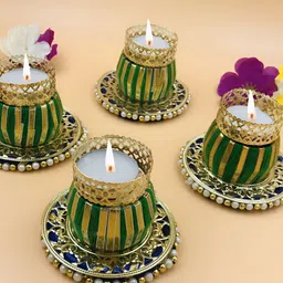GADINFASHION Green & Gold-Toned Set of 4 Candle Holder image 5