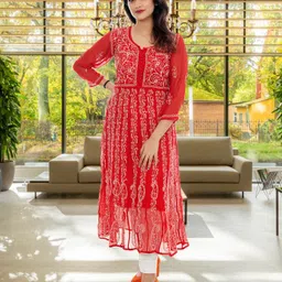 ADR CHIKAN Lucknowi Chikankari Round Neck Georgette Anarkali Kurta-image-70