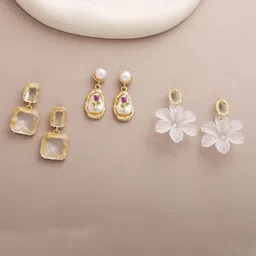 Estailo fashion Set Of 3 Gold-Plated Artificial Stones Studded Square Drop Earrings-picture-27