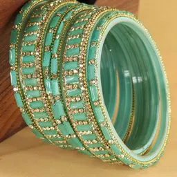 ZULKA Set Of 6 Zircon Diamonds Studded & Beaded GlassBangles-image-79