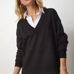 Happiness istanbul Women V-Neck Solid Pullover-picture-12