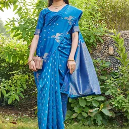 SATYAM WEAVES Ethnic Motifs Zari Silk Cotton Handloom Banarasi Saree-image-12