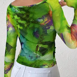 Outzidr Women Abstract Printed Ruched Fitted Top image 2