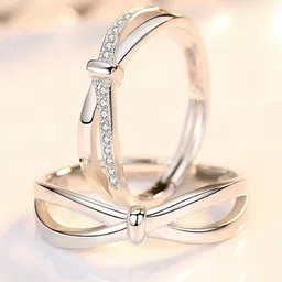 Zoey Unisex Set Of 2 Rhodium-Plated Stone-Studded Adjustable Couple Rings image 1