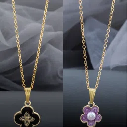 Birado Jewellery Set Of 2 Stainless Steel Gold-Plated Floral Enamelled Pendant With Chain-image-69